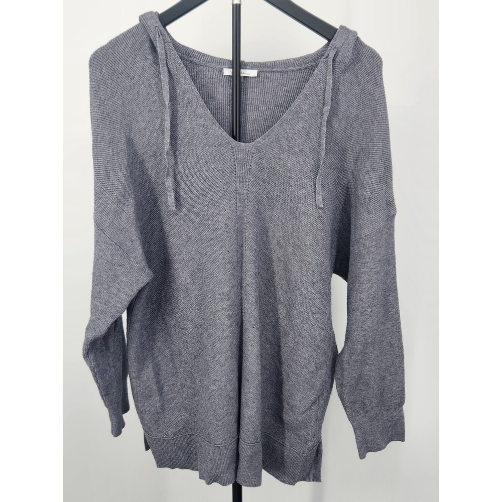 Vila Milano Gray Knit V-Neck Hoodie Sweater Women 2X Long Sleeve Ribbed Pullover